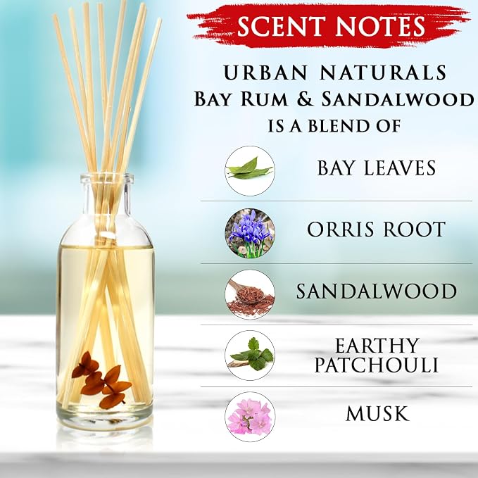 Urban Naturals Reed Diffuser Set, Bay Rum & Sandalwood - Bathroom Décor | Powdery Bay Rum, Earthy Patchouli & Musk, A bold, spicy, Masculine scent