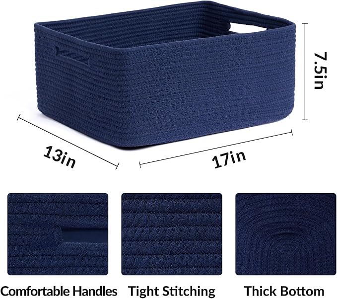 MiniArk Large Storage Baskets for Organizing, Closet Shelf Baskets for Clothes Blanket Towels, Baby Nursery, Toy Bins Box, Woven Rope Baskets, 17 x 13 x 7.5”, 4 Packs Navy Blue