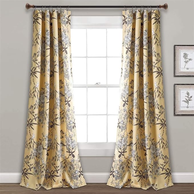Lush Decor Botanical Garden Curtains Floral Bird Print Light Filtering Window Panel Drapes Set for Living, Dining, Bedroom (Pair), Yellow, 52"W x 84L"