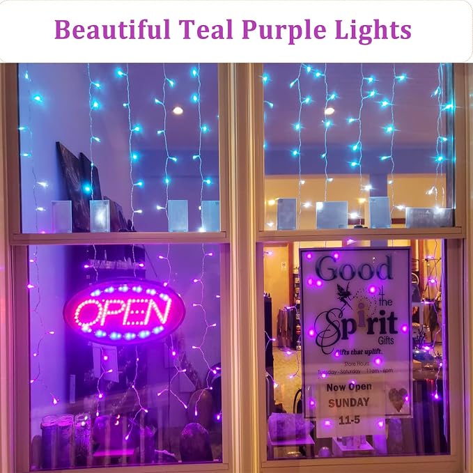CoziTech Curtain Lights for Bedroom Waterfall Led Light String PurpleTeal Ombre Hanging Fairy Mermaid Lights for Kids Teen Room Decor Window Ocean Sea Kawaii Decor Girls Gift (Turquoise & Purple)