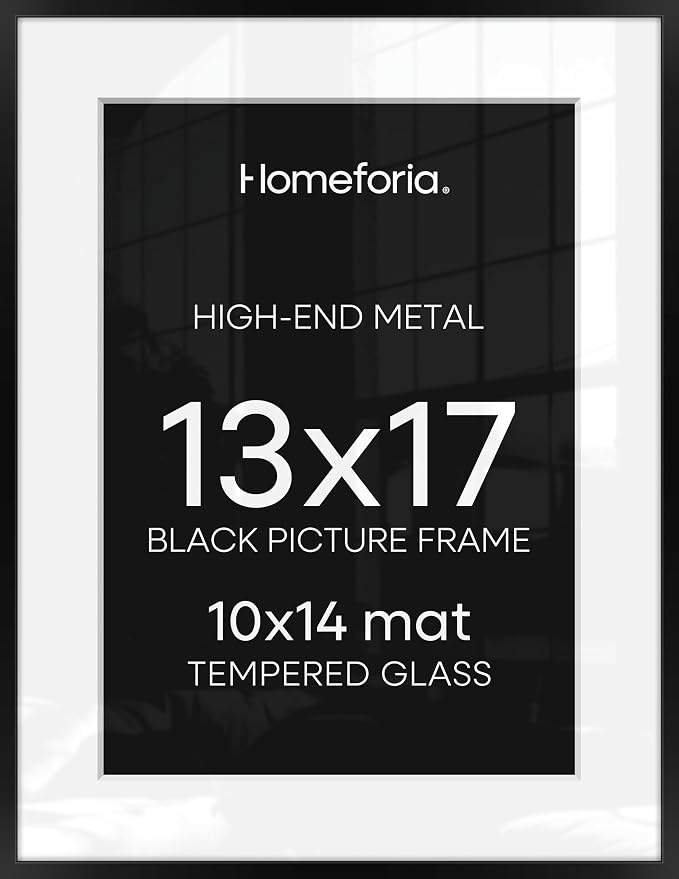 Homeforia 13x17 Picture Frame Black, High End Metal 13x17 Poster Frames with Mat 10x14 for Photo, 13 x 17 Black Frame Matted to 10 x 14 inch Print, 17x13 Thin Frame, Tempered Glass, Wall Kit, Set of 2