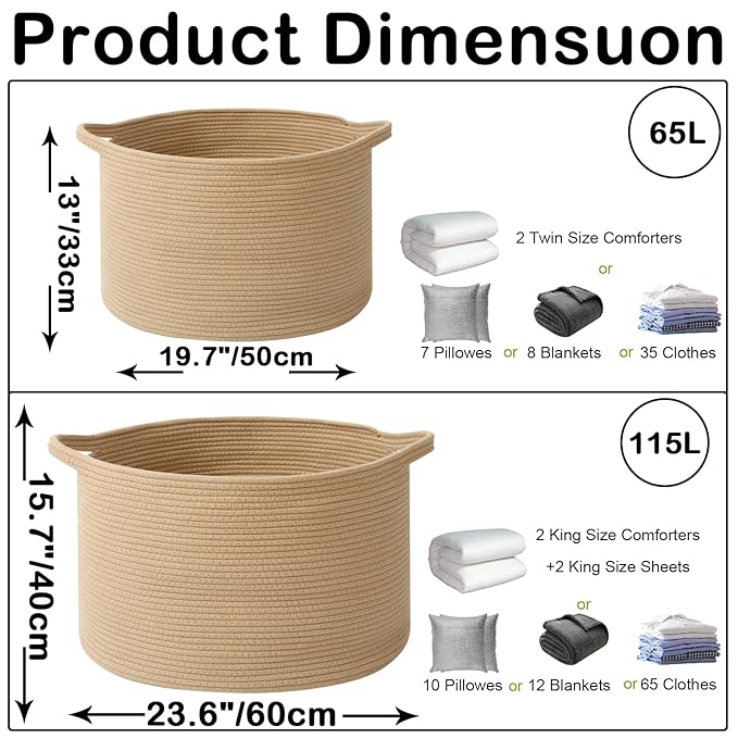 65L Large Blanket Basket,Woven Rope Laundry Basket Hamper with Handles,Decorative Nursery Basket Storage Bin for Toys, Pillows , Clothes Organizer, Living Room, Bedroom, Bathroom, Camel
