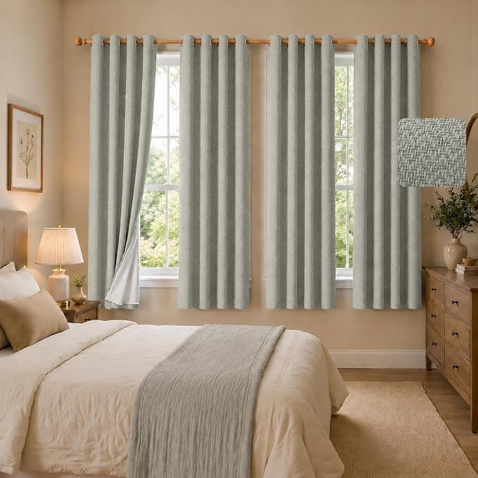 4 Panels 100% Blackout Linen-Textured Curtains, Thick Thermal Insulated Grommet Drapes with Subtle Herringbone Weave, Luxury Decor for Bedroom/Living Room, 54 x 63 Inches, Linen Beige