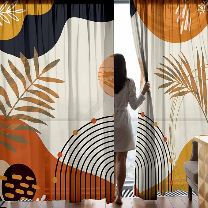 Colorful Boho Curtains Mid Century Modern Light Filtering Curtains 52X72Inch Abstract Leaves Retro Rainbow Living Room Curtain 2Pc Fun Geometric Drapes Yellow Plant Window Curtain for Bedroom