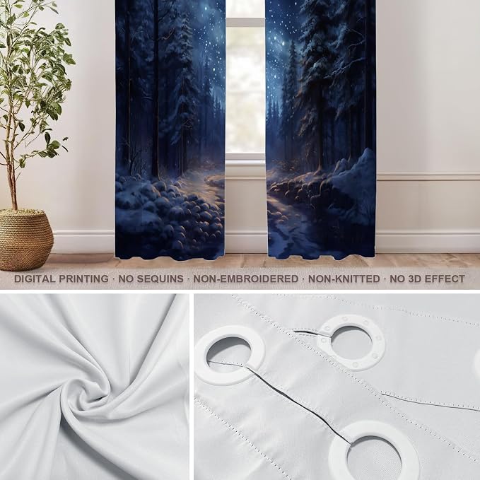 Shrahala Winter New Year Thermal Insulated Blackout Window Curtains, Stars Forests Snow Night Long Drapes for Bedroom/Living Room with Plastic Grommet, 52X84 Set of 2