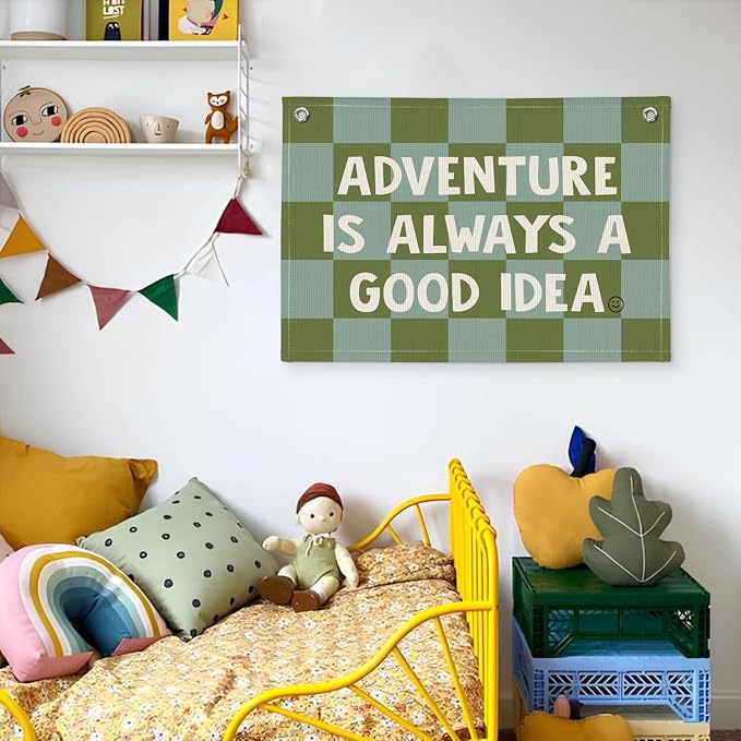 Adventure Camp Banner, Sage Green Boys Room Playroom Decor, Wall Hanging Canvas Banner Flag Decor for Toddler Boy Room Nursery