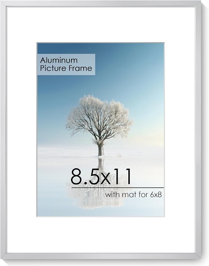 8.5x11 Certificate Frame, Aluminum Diploma Frame for Document, Silver | Sleek Silver Document Frame with 6x8 Opening for Diploma, Certificate, Award & Letter Size Photo | Wall Kit Included