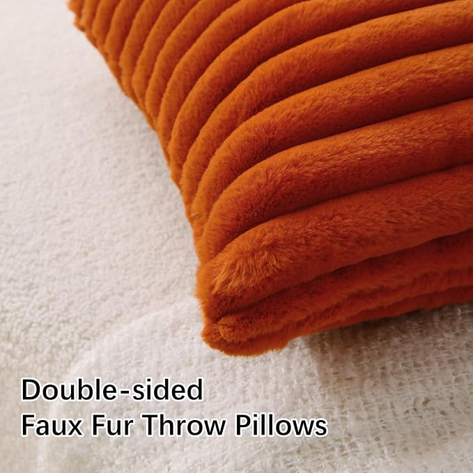 Decorative Throw Pillow with Inserts, Set of 2 Soft Faux Fur Throw Pillows, Square Boho Striped Pillow for Couch, Bed, Sofa Decor (Brownish-Orange, 20" x 20"(Pack of 2))