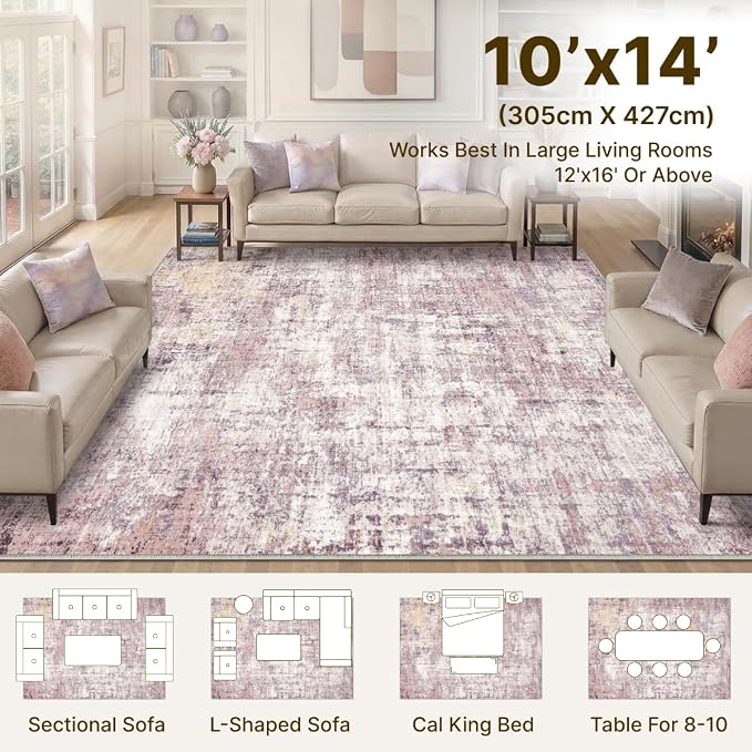 10x14 Area Rugs Washable Living Room Rug-No Slip Soft Carpets Modern Abstract Indoor Floor Stain Resistant Large Carpet for Bedroom Dining Room Farmhouse Nursery Home Office Pink