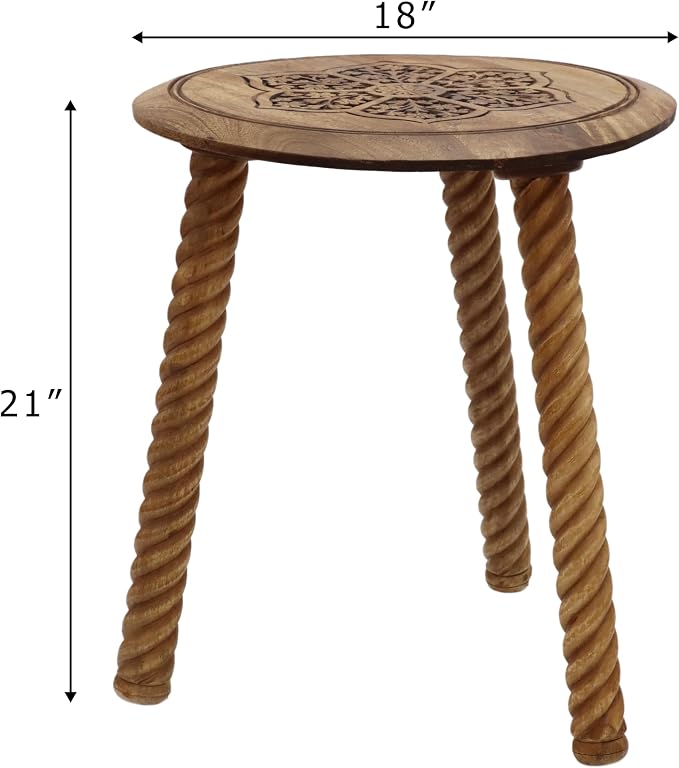 COTTON CRAFT Solid Wood End Table - Hand Carved Accent Table - Global Boho Side Table - Easy to Assemble Round Table - Small Spaces Entryway Living Room Bedside Farmhouse - 18 Inches Round - Natural