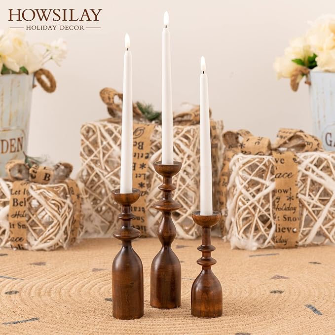 HOWSILAY Wood Candle Holders Set of 3, Fits Taper & Pillar Candles Brown | Solid Wood, 3 Assorted Heights, Farmhouse Table Centerpiece, Fits Taper LED Tea Pillar Candles, Non-Slip Base, Gift Box