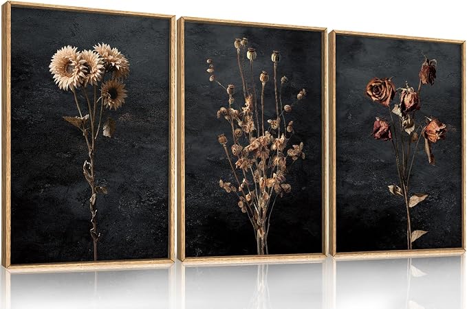 Large Moody Dark Floral Framed Canvas Wall Art Set,Vintage Mid Century Dried Flower Wall Decor,Modern Boho Wildflower Botanical Artwork for Living Room,Bedroom,Farmhouse- 24"x36"x3