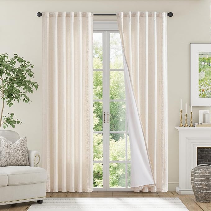 jinchan Weslie Boho Lined Linen Curtains for Bedroom Ivory Vintage Floral Farmhouse Curtains 84 Inches Long Linen Drapes for Living Room Embroidered Drapes Rod Pocket Ivory on Beige 2 Panels