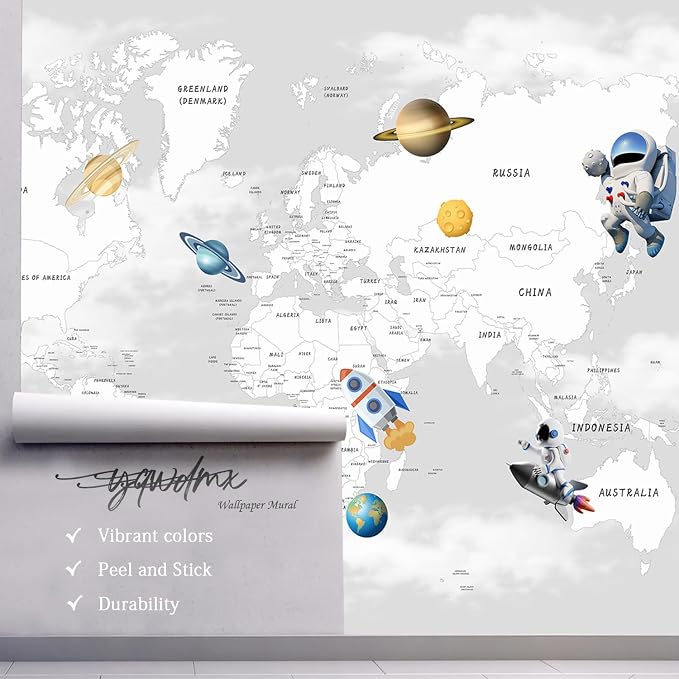 YQWDMX - Grey map Peel and Stick Wallpaper Cartoon Planet Kids wall Mural for Nursery ZY04 S