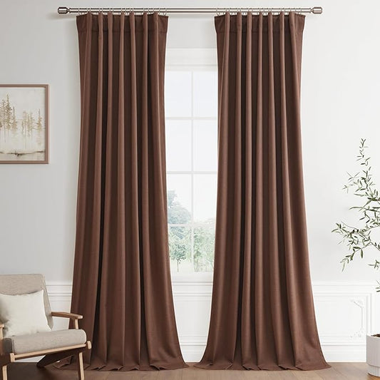 Joywell 100% Blackout Extra Long Linen Curtains 120 Inch for Bedroom Window 2 Panels Set Black Out Curtain Noise Reduction Drapes Ceiling to Floor Back Tab Hook Belt 52 x 120,Caramel Brown