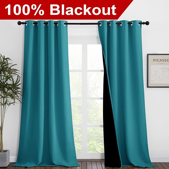 NICETOWN Peacock Teal Blackout Curtains 90 inches Long, Full Light Blocking Drapes with Black Liner for Nursery, Thermal Insulated Draperies for Hall, Villa (2 Pieces, 46" Wide Each Panel)