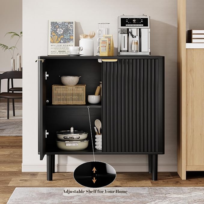 IKALIFE Sideboard Buffet Cabinet with Storage, Modern Fluted Accent Credenza with Doors & Adjustable Shelves, Wood Coffee Bar Console Table for Living Room, Dining Room, Kitchen Entryway 31.5" Black