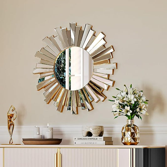 Gold Round Wall Mounted Mirror - 26" Sun Sunburst Golden Decorative Wall Mirror, Metal Glass Circle Mirrors for Wall Decor Living Room Bathroom Bedroom Entryway Hallway Fireplace Art Deco