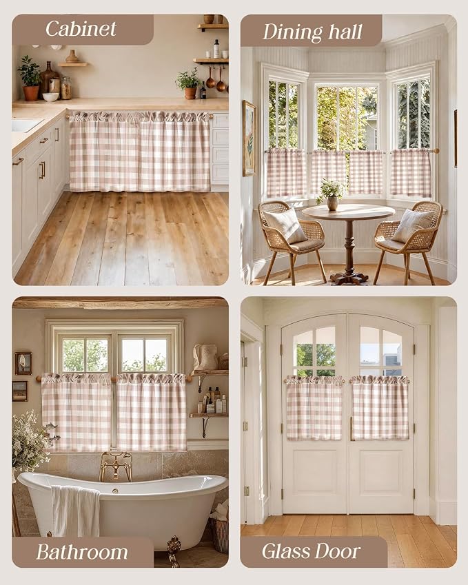 Miss Adola Farmhouse Kitchen Tier Curtains - 24 Inch Length Linen Blend Cafe Curtains Plaid Small Window Treatments Over Sink Rod Pocket for Bathroom Living Room Light Filtering, 2 Panels