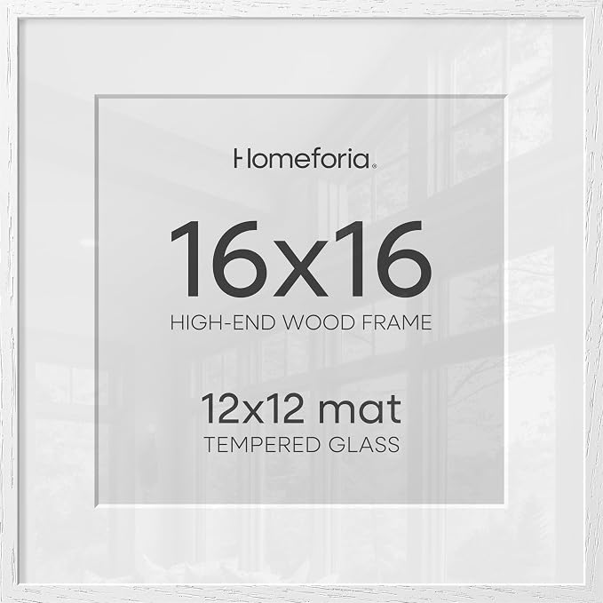 Homeforia 16x16 White Picture Frame, High End Oak 16 x 16 Square Wood Frames with Mat 12 by 12 inches Photo, 16by16 White Wooden Poster Frames Matted to 12x12 Print, Tempered Glass, Wall Kit, Set of 2