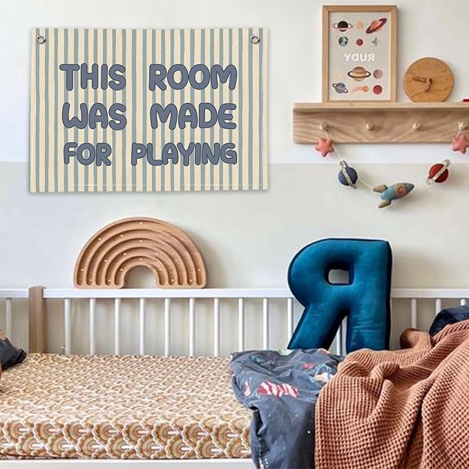 RTXLEZM Kids Playroom Decor, This Room Was Made for Playing Canvas Banner Wall Hanging, Retro Boho Blue and Cream Striped Wall Art Prints for Toddler Boys Room Bedroom Playroom Decor, 20x30 Inch