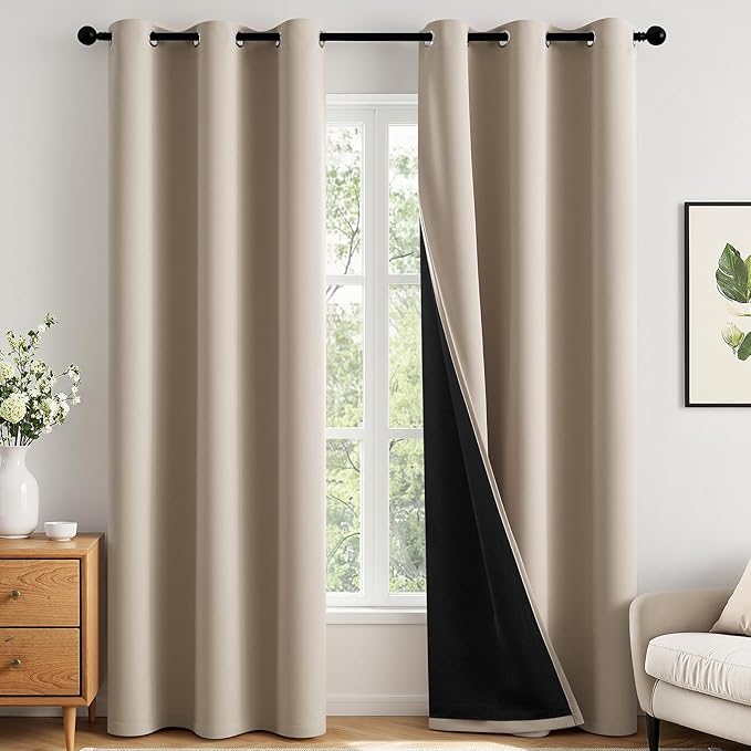 MIULEE Taupe 100% Blackout Curtains for Bedroom 84 Inch Long, 2 Thick Layers Thermal Insulated Black Out Window Curtains with Black Liner, Noise Reducing Grommet Living Room Drapes 2 Panels Set