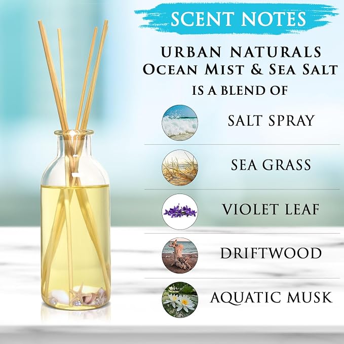 Urban Naturals Reed Diffuser Set, Ocean Mist & Sea Salt - Bathroom Décor | Made with Essential Oils & Real Seashells, Decorative Air Freshener Room Diffuser
