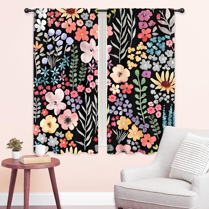 Riyidecor Black Floral Curtains Cute Boho Wildflower Watercolor Flower Blossom Plant Leaves Herbs Rod Pocket Natural Botanical Girls Bedroom Living Room Treatment Fabric 2 Panels 42Wx63H Inch