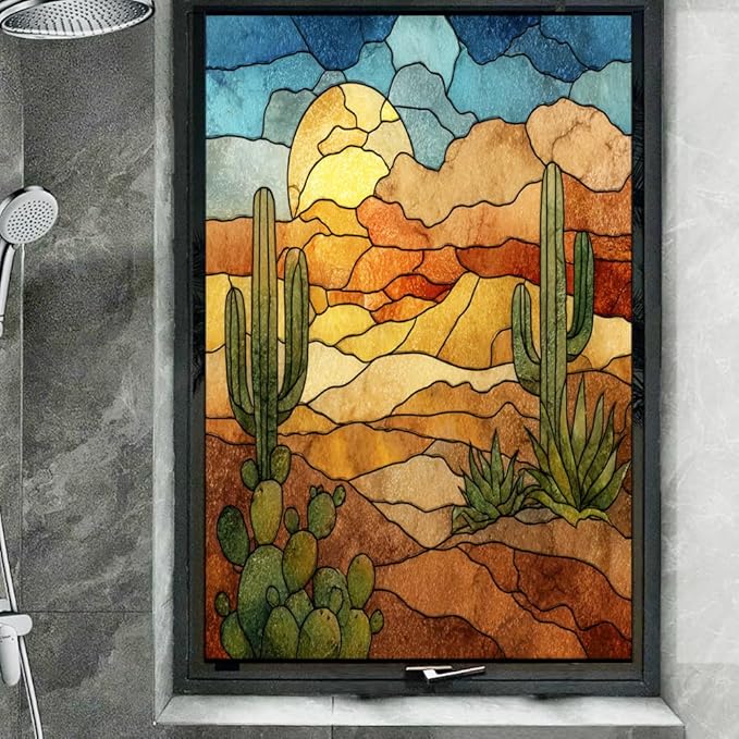 Sunset Desert Landscape Frosted Window Film, Retro Cactus Plant Texture Stained Glass Privacy Film, Heat Insulation Self-Adhesive Vinyl for Bathroom Office, 21.6Wx31.5L inch