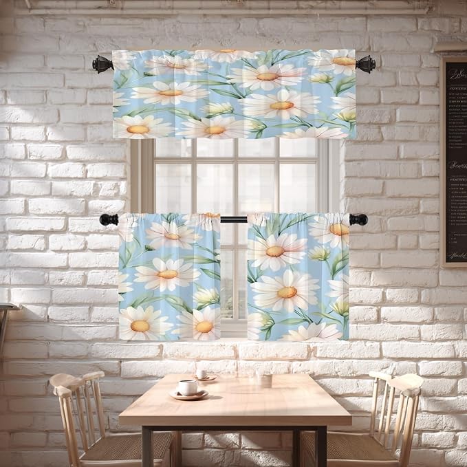 Shrahala Daisies Leaves Blackout Curtain Tiers, White Daisies On Blue Kitchen Valance Light Blocking Tier Drapes with Rod Pocket, 2 Pack 26 X 36 in