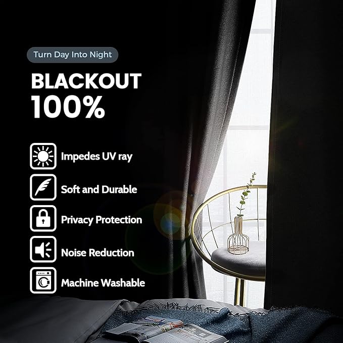 SimpleHome 100% Blackout Curtains for Bedroom,Thermal Insulated Black Grommet Window Drapes Room Darkening Curtains for Living Room with Black Back,42 x 72 Inch,2 Panels