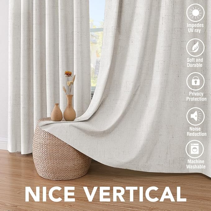 H.VERSAILTEX Blackout Curtains Linen Curtains 120 inches Long 100% Black Out Curtains for Bedroom Windows, Textured Linen Look Draperies Grommet with White Liner, 2 Panels, Ivory