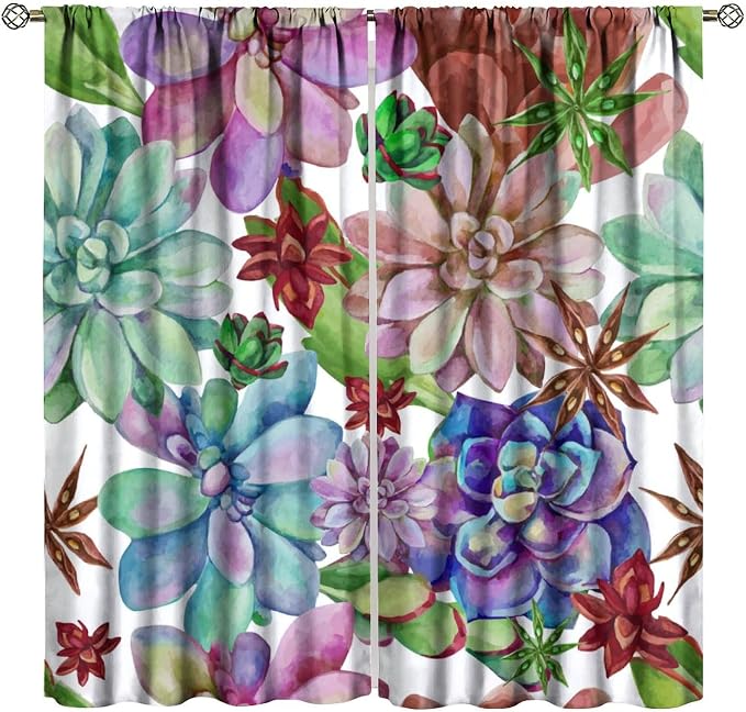 Succulents Tropical Plant Curtain Floral Boho Watercolor Summer Desert Botanical Vintage Garden for Home Kitchen Livingroom Coffee Room Window Drapes 2Panel 52" W X 84" L