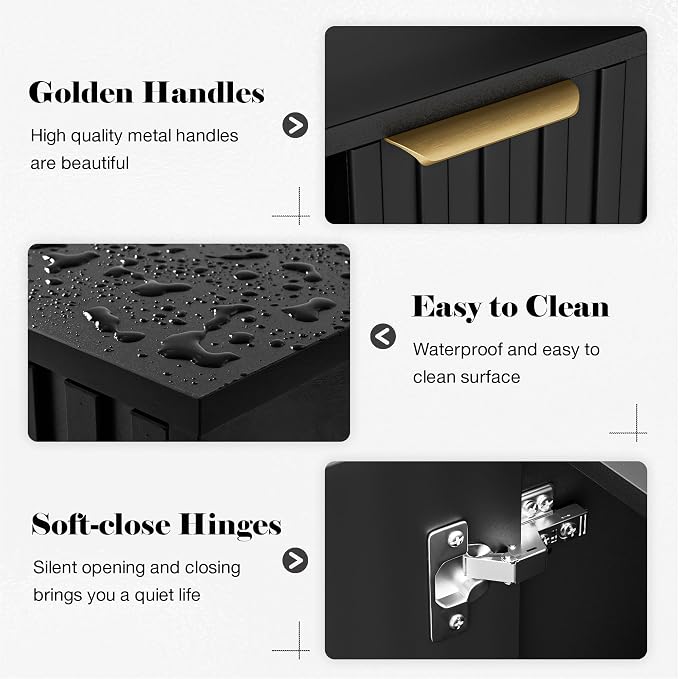 Set of 4 Fluted Storage Cabinet, Buffet Cabinet with Storage, Wood Sideboard with Adjustable Shelf, Modern Accent Cabinet & Console Table for Entryway, Living Room, Dining Room, Black