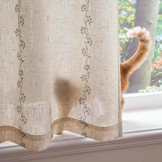 jinchan Katy Linen Floral Kitchen Curtains 36 Inches Length Stripe Cafe Curtains Farmhouse Cottagecore Tier Small Window Drapes for Living Room Light Filtering Rod Pocket 2 Panels Sage Green on Linen