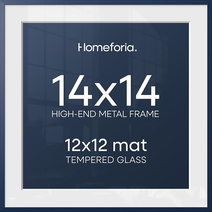Homeforia 14x14 Picture Frame Navy Blue, High End Metal 14 x 14 Square Poster Frame with Mat 12 x 12 Photo, 14x14 Frame Matted to 12x12 Print, 14by14 Hanging Frames, Tempered Glass, Wall Kit, Set of 1