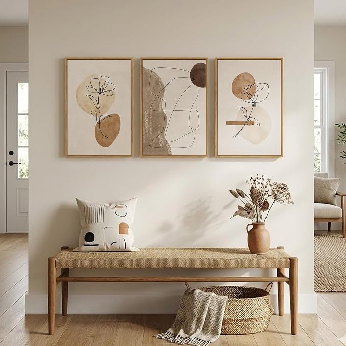 Framed Neutral Abstract Boho Wall Art Bedroom, 3 Piece Brown Black Botanical Minimalist Floral Lines Canvas Artwork for Walls, Modern Bohemian Pictures for Dining Room Living Room Wall Decor, 16x24 In