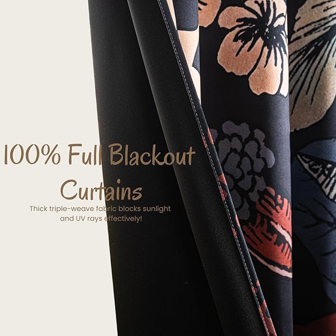 Boho Floral 100% Blackout Curtains 84 inch Long 2 Panels Set for Bedroom Vintage Big Rustic Flower Black Out Curtains Room Darkening Thermal Insulated Window Drapes for Living Room 52x84inch