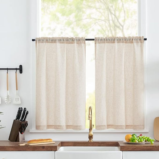 jinchan Linen Beige Curtains Tier Curtains 45 Inch Length and Window Curtain 84 Inch Length for Living Room Bedroom Kitchen Light Filtering Modern Farmhouse Curtains Drapes Rod Pocket.