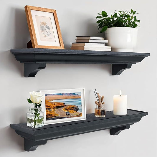 36 Inch Fireplace Mantel Shelf with Corbels, Set of 2 Rustic Floating Shelf for Wall, Wooden Fireplace Mantel for Living Room, Bedroom, Kitchen, Black