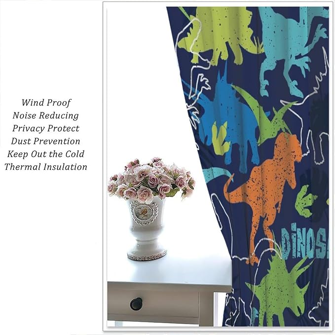 YCness Boys Dinosaur Curtains Cartoon Dino Navy Blue Blackout Kids Window Treatments for Boys Girls Children Nursery Living Room Bedroom Decor Fabric Set 2 Panel 72x63 Inch 80% Shading Rate