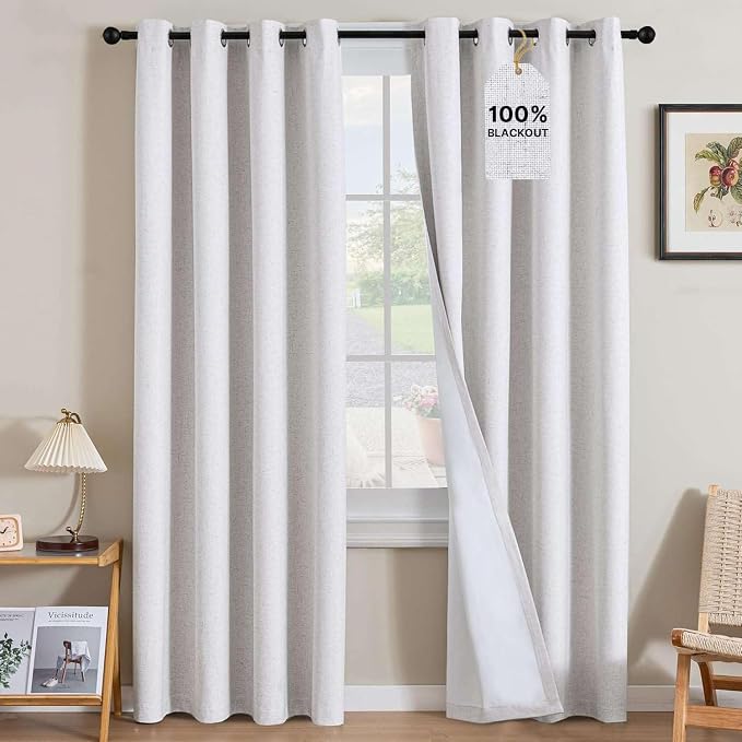 H.VERSAILTEX Linen Curtains 100% Blackout Curtains for Bedroom 120 inch Long Full Light Blocking Nature Linen Blended Window Curtains for Living Room Nickel Grommet (2 Panels, Heathered White)