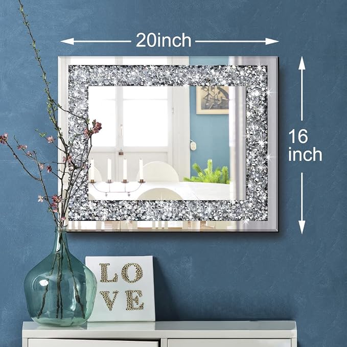 QMDECOR Crushed Diamond Mirror 16x20 Inch Silver Wall Decor