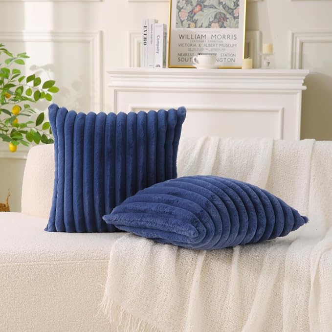 Decorative Throw Pillow with Inserts, Set of 2 Soft Faux Fur Throw Pillows, Square Boho Striped Pillow for Couch, Bed, Sofa Decor (Blue, 16" x 16"(Pack of 2))