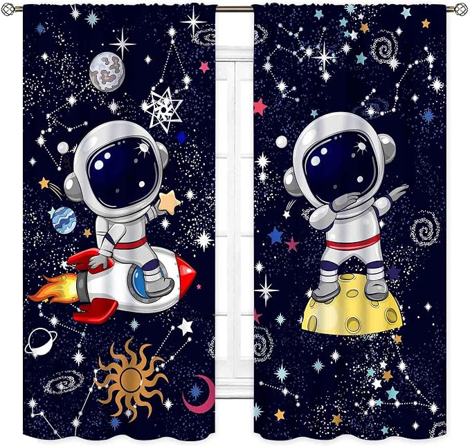 Galaxy Curtains, Cartoon Astronaut Universe Outer Space Star Planets Blackout Window Drapery Treatments for Kids Boys Bedroom Living Room Nursery Playroom 2 Panels, 84"x63" Inch