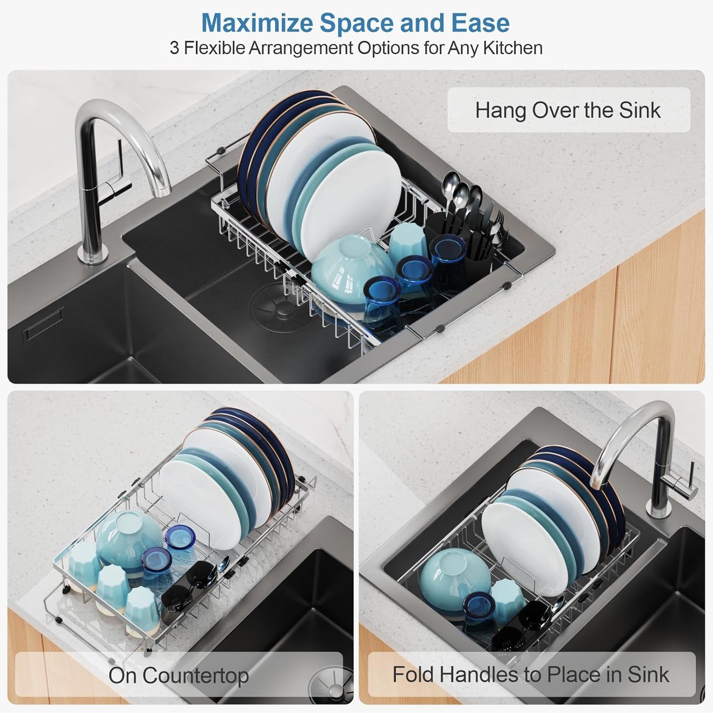GSlife in Sink Dish Drying Rack - Stainless Steel Capacity Expandable Over The Sink Dish Drainer with Lock Knob and Utensil Holder for Kitchen Sink, 10.8"-17.9" L x 12.8" W, Silver