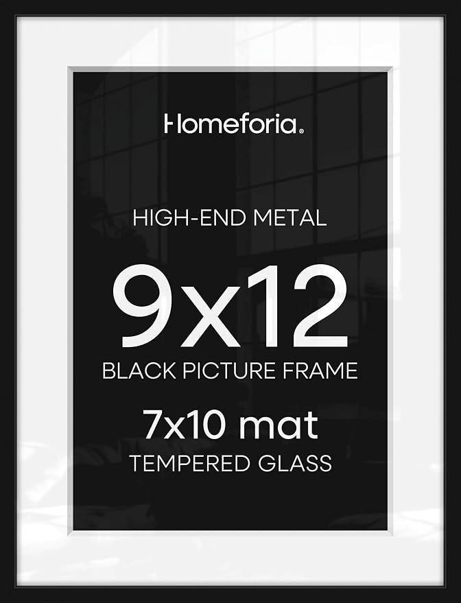 Homeforia 9x12 Picture Frame Black, High End Metal 9 x 12 Poster Frames with Mat 7 by 10 inch Photo, 9by12 Frame Matted to 7x10 in Art, 12x9 Wall or Tabletop Frames, Tempered Glass, Wall Kit, Set of 1