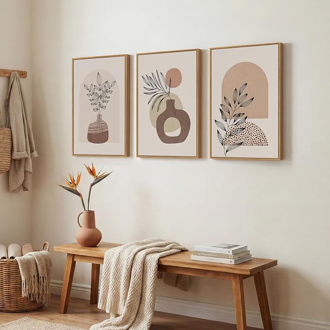 Framed Neutral Boho Wall Art Bedroom, 3 Piece Abstract Bohemian Brown Botanical Vase Canvas Artwork for Walls, Large Earth Tone Boho Pictures for Living Room Home Office Hallway Wall Decor, 16x24 Inch