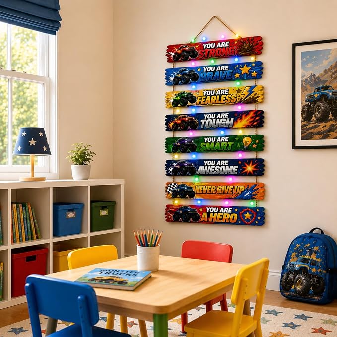 Cool Monster Truck Room Decor Set of 8 with Led Light for Teen Boys Kids Toddler, Inspirational Race Car Wood Sign Nursery Wall Decor for Bedroom, Truck Lamp Wall Decor Art