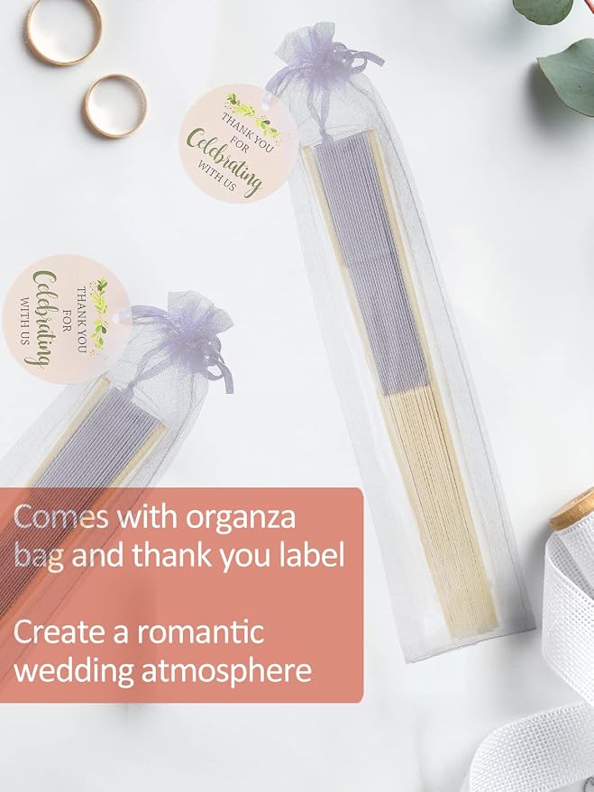 Cosweet 60 Set Wedding Hand Fans with Thank You Tags & Organza Bags, White Paper Fans Bulk Bamboo Decorative Folding Fans for Wedding Guests Party Favors Bridal Shower Church Decoration